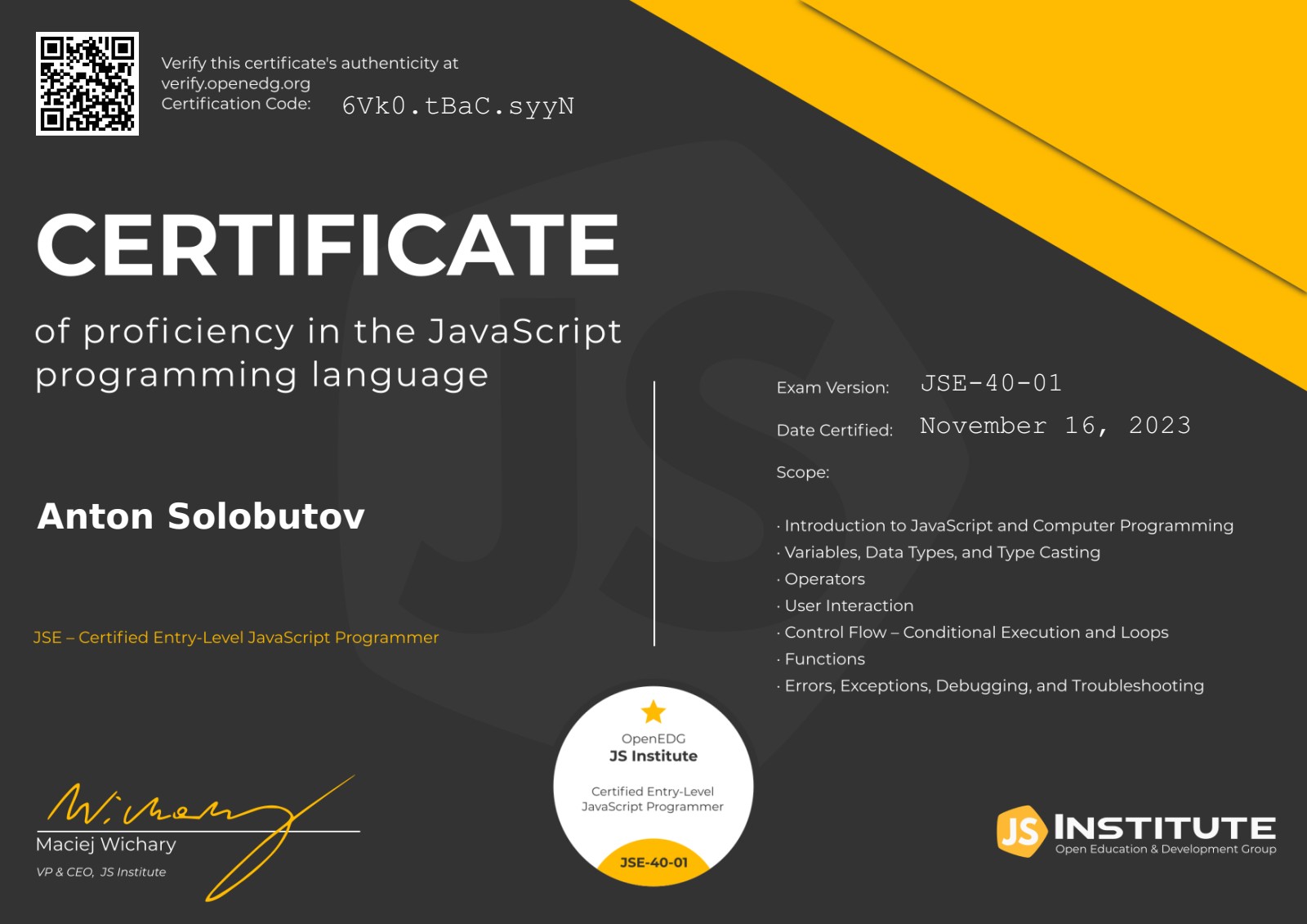 OpenEDG JS Institute - Certified Entry-Level JavaScript Programmer