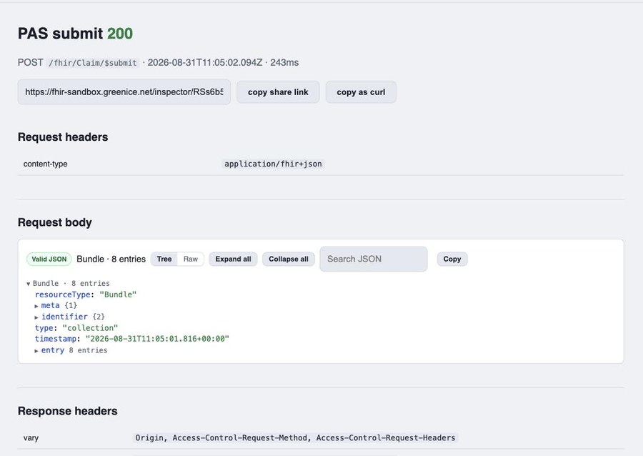 Request inspector detail view of a PAS submit call, showing a 200 response with an 8-entry FHIR Bundle