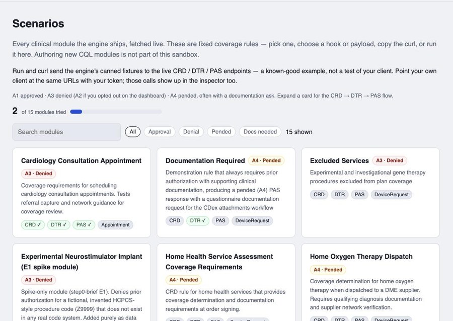 Scenario catalog screen listing clinical modules with approval, denial, and pended outcomes, filterable by outcome