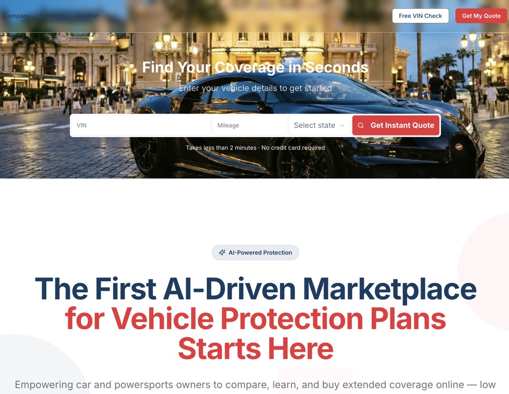 AI-powered vehicle protection marketplace homepage, with a VIN, mileage and state form for an instant quote