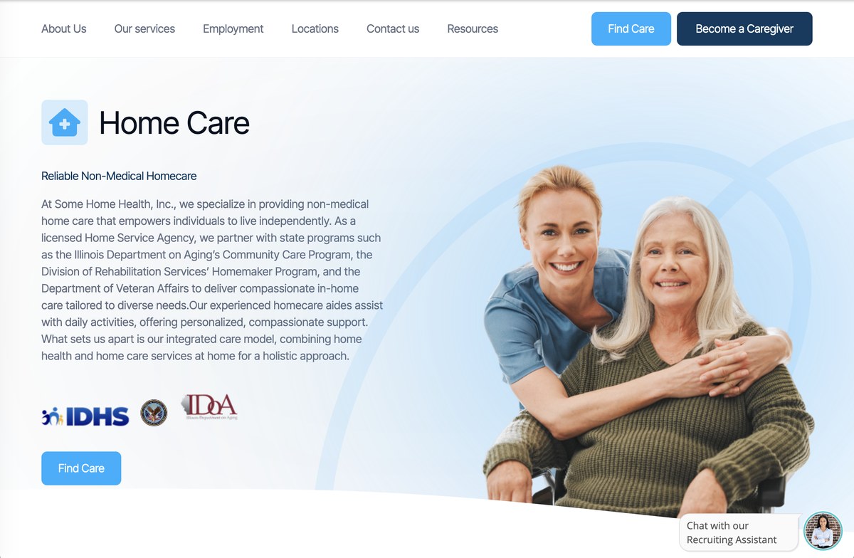 The agency's Home Care services page, with a caregiver and her client and the state program logos it partners with