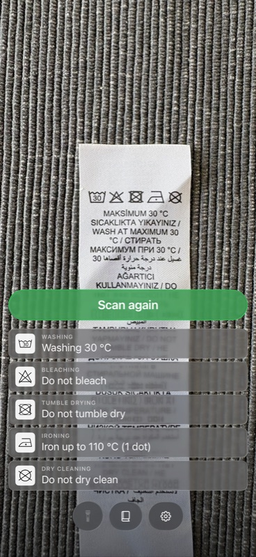 Care Symbols showing plain-language wash, bleach, tumble dry and iron instructions